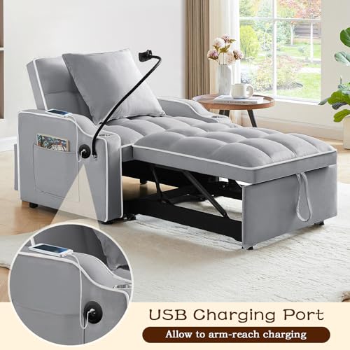 KINFFICT Sleeper Sofa Chair Bed, Convertible 3-in-1 Armchair, Adjustable Sleeper Chair with Pullout Bed, Single Lounger Futon with Side Pockets for Living Room (Grey) KINFFICT