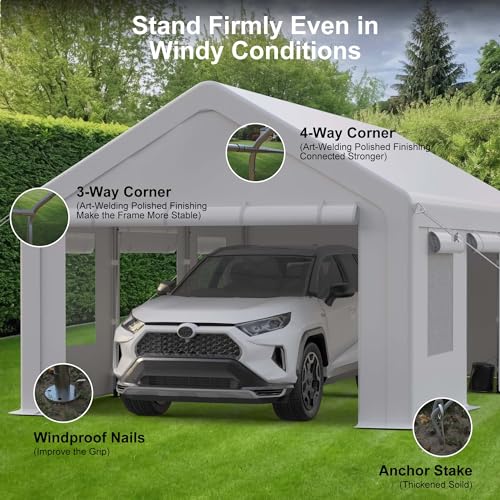 GarveeLife 10x20ft Carport Heavy Duty, Portable Garage with 4 Doors + 4 Window, Upgraded Carport with Reinforced Steel Poles, Uv Resistant Waterproof Tarp, Portable Carport for Car, Truck, Boat GarveeLife