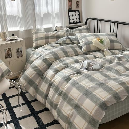 HighBuy Buffalo Plaid Comforter Set Full Size Green Khaki Grid Bedding Comforter Full Boho Gingham Checkered Bedding Set 3 Piece Lightweight Fluffy Comforter with 2 Pillowcases for Boys Men HighBuy