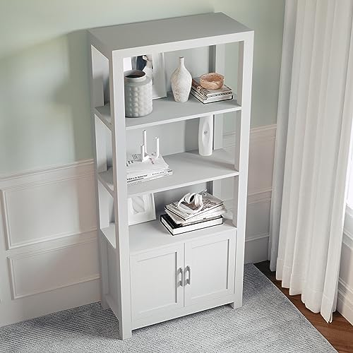 Martha Stewart Hutton Four Tier Shaker Bookcase with Storage Cabinet in Gray with Brushed Nickel Hardware Martha Stewart