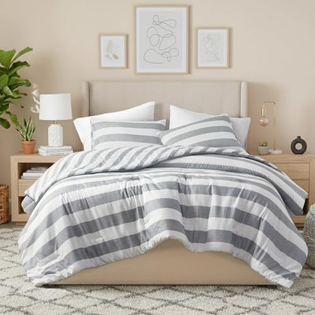 Regency Heights Reversible Striped King Comforter Set, Soft Microfiber Bedding Set with Double-Sided Stripes Design, Warm & Cozy for All-Seasons, 3-Piece Comforter and Shams Set King Size, Grey Regency Heights