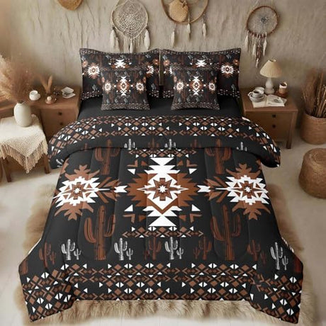 Feelyou Black Southwestern Aztec Comforter Set with Sheets King Size Kids Geometric Vintage Bed in a Bag for Boys Girls Teens Boho Tribal Rustic Western Exotic Cactus 7 Pieces Bedding Set Soft Feelyou