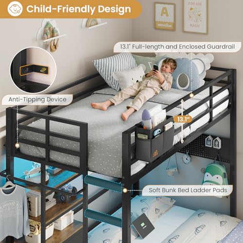 DICTAC Twin Over Full Bunk Bed with 4 Storage Drawers and 3-Tier Open Bookshelf Metal Bunk Bed with LED Lights,Charging Station and Pegboard,L-Shaped bunk Beds with Safety Guardrail and Ladder,Black DICTAC