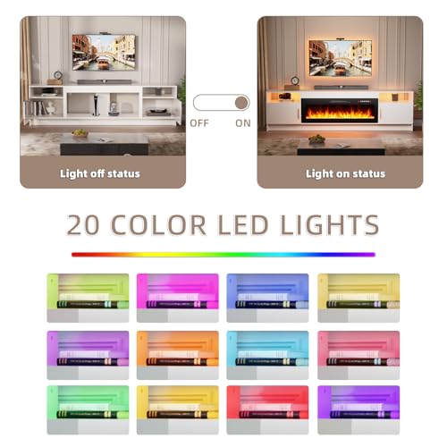 EAG 80" Electric Fireplace TV Stand with 42 inch Fireplace Up to 90" TVs, Entertainment Center with with Storage Cabinet & LED Lights, Modern Media Console for Living Room, White EAG