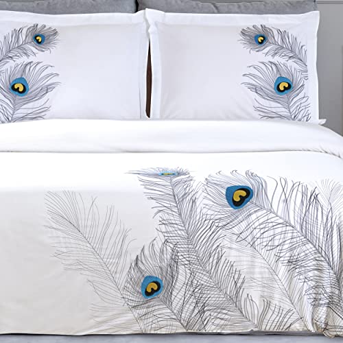 100% Cotton, 3-Piece King/California King, Single Ply, Soft, Embroidered Peacock Duvet Cover Set, Silver Superior