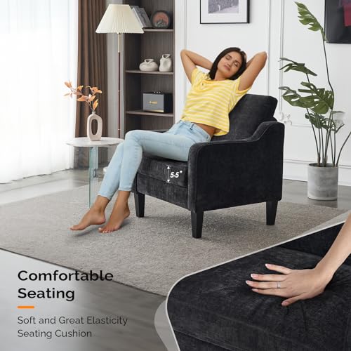 VINGLI Living Room Chairs Set of 2, Black Accent Chair 5.5" Thick Seat Cushion Comfy Chair Soft Chenille Side Chair Upholstered Arm Chair for Bedroom, Play Room, Apartment, Office (Black) VINGLI