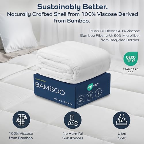 Olive + Crate Cooling Down Alternative Comforter - Hypoallergenic King Size Duvet Insert Lightweight - All Seasons Plush Design Bamboo Comforter - 100% Bamboo Viscose Outer Cover - White 102"x90" Olive + Crate