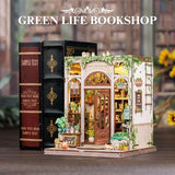 Fsolis Book Nook Kit, 3D Wooden Puzzles for Adults DIY Miniature House Kit Mini Building Kit Booknook Bookstore Bookshelf Diorama Gifts for Women Book Lovers (Green Life's Bookshop)