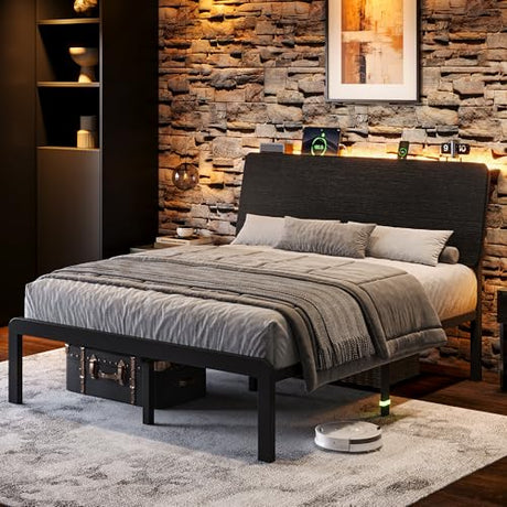 Einhomn Full Bed Frame with Ergonomic Wooden Storage Headboard, LED Bed Frame with Charging Station, 12" UnderBed Storage, Heavy-Duty Metal Base, No Box Spring Needed, Easy Assembly, Black Einhomn