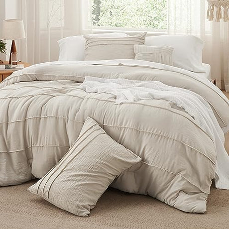 Bedsure Queen Comforter Set - 4 Pieces Pinch Pleat Bed Set, Beige Boho Bedding for All Season, 1 Soft Comforter, 2 Pillowcases, 1 Decorative Pillow Bedsure