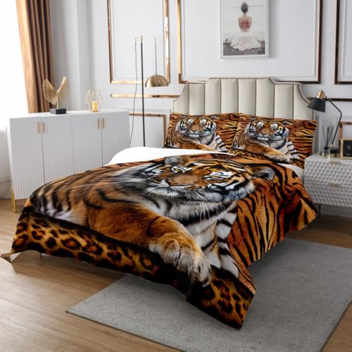 Tiger 3D Print Bedspread King Size Wild Animals Bedding Set 3pcs for Kids Teens Room Decor,Animal Fur Quilted Coverlet Soft Breathable Bedding Quilt with 2 Pillowcases Manfei