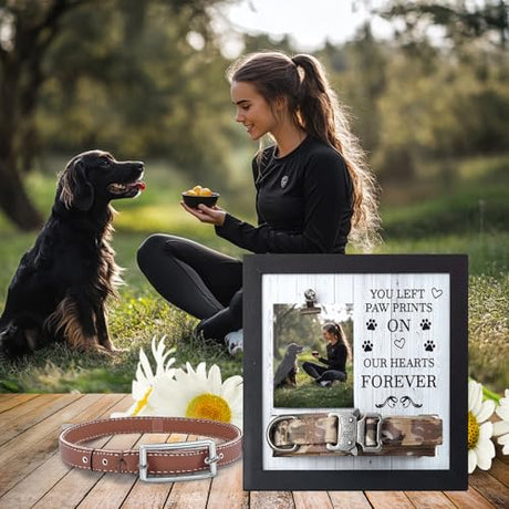 X-partner Pet Memorial Frame with Collar Holder – Dog & Cat Loss Remembrance Gift – You Left Paw Prints on Our Hearts Forever – Sympathy Keepsake Frame for Pet Lovers X-partner