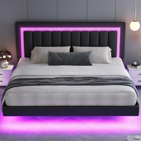 HOMBCK Floating Bed Frame King with Smart LED Lights, Faux Leather Upholstered Platform Bed with Diamond PU Headboard, No Box Spring Needed, Noise-Free, Easy Assembly, Black HOMBCK