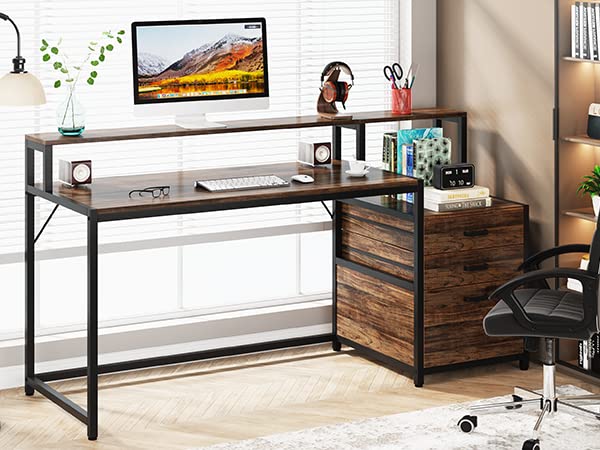 Tribesigns 63 Inch Computer Desk with File Drawer Cabinet, Ergonomic Office Desk with Monitor Stand, Industrial Computer Table with Printer Space, Wood PC Table Workstation Desk for Home Offi - WoodArtSupply