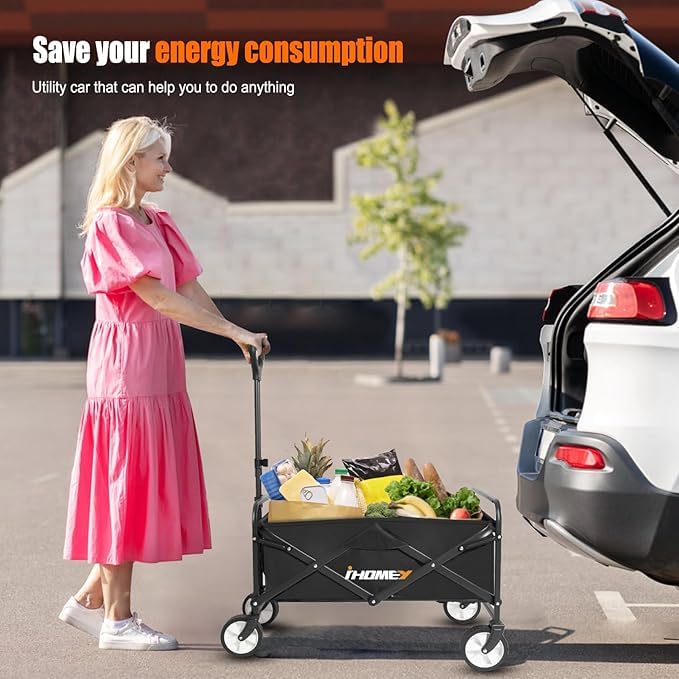 Collapsible Foldable Wagon, Beach Cart Large Capacity, Heavy Duty Folding Wagon Portable, Collapsible Wagon for Sports, Shopping, Camping (Black) iHomey