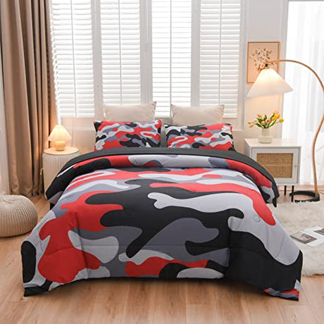 Meeting Story Camouflage Bedding Set, Colorful Pattern Style Comforter Set, 5 PCS One Comforter Two Pillowcases Two Sheets in One Bag, All Season Bedspread for Teens Adults (Red-Black, Full 5Pcs) Meeting Story