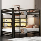 Harper & Bright Designs Queen Over Queen Bunk Bed with Storage Cabinets and LED Lights, Metal Bunk Bed Frame for Kids Teens, Black Harper & Bright Designs