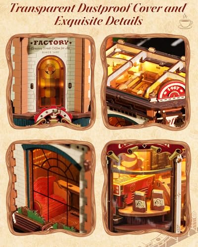 ROKR Dream Coffee Factory, Wooden Music Box Model, Mechanical 3D Wooden Puzzles for Adults, Building Kit with Moving LED Lights, Miniature House Kits, Desk Decor Gift