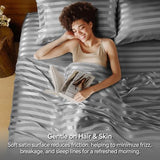 BEDELITE Satin Sheets Queen Size, Luxury Jacquard Striped Dark Grey Bedsheets with Elastic Corner Straps, Similar to Silk Sheets Set 4 PC with 1 Deep Pocket Fitted Sheet, 1 Flat Sheet, & 2 Pillowcases BEDELITE