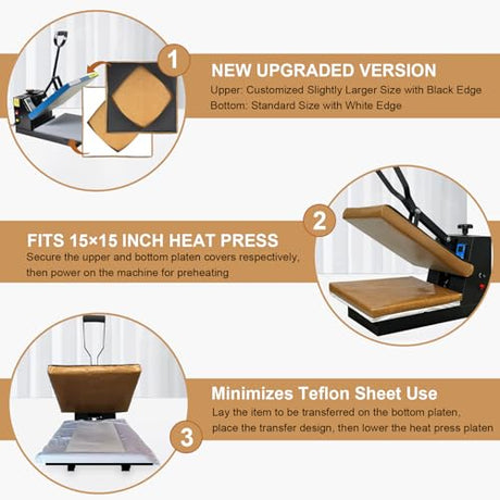 Heat Press Covers 15x15 Inch 2 Piece Set for Top and Bottom Platens | Reusable Teflon Material Heat Press Protective Covers for Sublimation, DTF and Heat Press Transfers EAOENLS