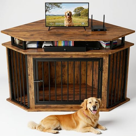 IRONCK 51" Corner Wooden Dog Crate Furniture with 2-Tier Shelves, Pet Kennel for Large Dogs, Space-Saving Dog Cage for TV Stand, Rustic Brown (26.7" L x 51.2" W x 33.5" H) IRONCK