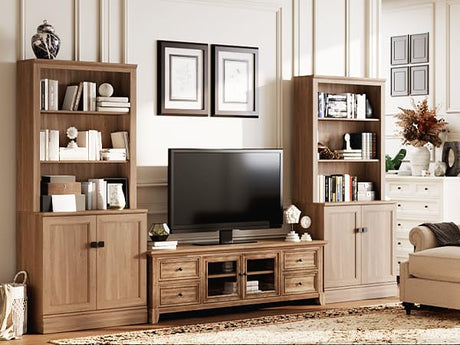 FENSULN 72 in Tall Bookshelf 5 Tiers Bookcase with Adjustable Shelves, Oak Bookcase with Storage Cabinet, Wood Freestanding Display Bookshelves for Home Office,Bedroom, Living Room(Pack 2) FENSULN