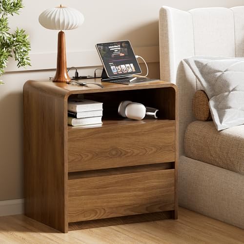 23.8" Modern Nightstand with Hidden Drawers Walnut Night Stand with Charger Station Mid Century Bedside Table Curved Wood Side Table for Bedroom Dorm Oransail