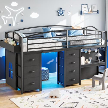 Low Loft Bed Twin Size with 7 Storage Drawers, Desk and LED Lights, Heavy Duty Metal Kids Loft Bed with 12" H Safety Guardrail, Anti-Collision Pad, Private Play Curtain, Under-Bed Play Space - Black Jocoevol