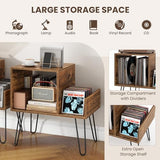 GOFLAME Record Player Stand, Turntable Stand with Charging Station, Vinyl Storage End Table with Metal Legs, Mid-Century Record Player Table for Study, Bedroom, Living Room, Rustic Brown GOFLAME