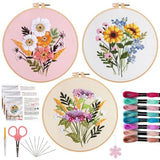 Offizon 3 PCS Embroidery Kit for Beginners - Cross Stitch DIY Craft Set, Flower Embroidery Accessories & Hoop Included, Hand Embroidery Kit for Adults Stitching Sewing Kit Gift | FlowerB Patterns