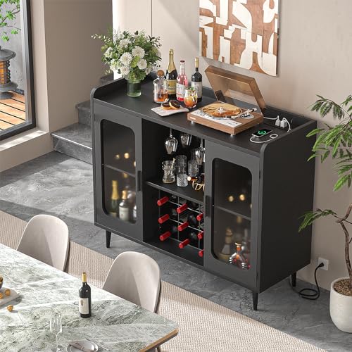 iSunirm Wine Bar Cabinet with Power Outlet, Liquor Cabinet Bar with LED Light and Glass Holder, Home Coffee Bar Cabinet, Buffet Sideboard with Storage Shelf for Kitchen, Dining Room, Black - WoodArtSupply