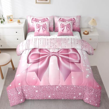Feelyou Kids Pink Bowknot 7 Pieces Bedding Set Full Size, Dreamy Princess Comforter Set with Sheets Boys Girls Glitter Bed in A Bag Watercolor Bow Teens Bed Set Bedroom Decor 7Pcs Feelyou