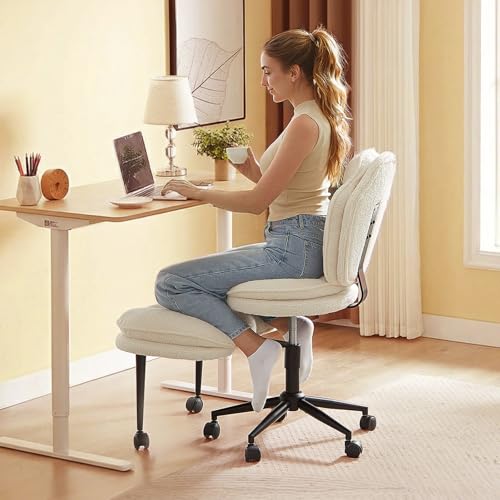 Pinmoco Ergonomic Cross Legged Office Chair for ADHD, Kneeling Chair with 360° Swivel Wheels and Reversible Seating for Meditation, Adjustable Height and Seat Deapth, Teddy Fabric, White Pinmoco