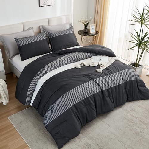 Litanika Full Size Comforter Sets Black White Grey - 3 Pieces Lightweight Bedding Set, All Season Down Alternative Comforter (1 Comforter, 2 Pillowcases) Litanika