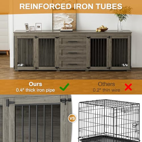 OUYESSIR 94.5" Large Dog Crate Furniture for 2 Dogs, Double Wooden Dog Kennel Furniture with 4 Dog Bowls & 3 Drawers, Heavy Duty Indoor Furniture Style Dog Cage TV Stand/Table/House, Grey OUYESSIR