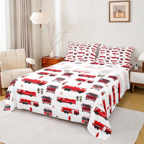Erosebridal Fire Truck Sheet Set King for Boys Teens Girls Firemen Car Vehicle Flat Sheet Kids Youth Firefighter Truck Fitted Sheet Red Fire Fighting Supplies Print Bed Sheet Set with 2 Pillowcases Erosebridal