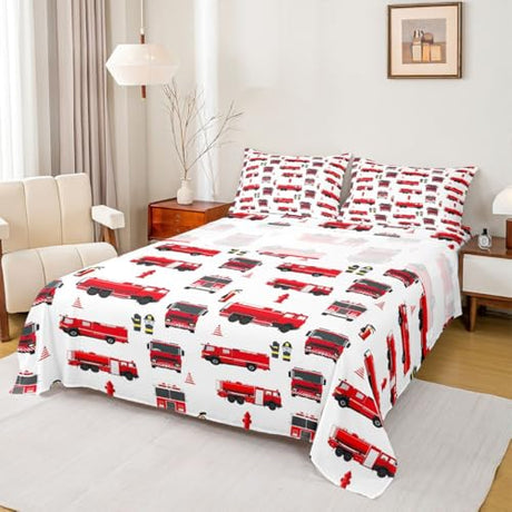 Erosebridal Fire Truck Sheet Set King for Boys Teens Girls Firemen Car Vehicle Flat Sheet Kids Youth Firefighter Truck Fitted Sheet Red Fire Fighting Supplies Print Bed Sheet Set with 2 Pillowcases Erosebridal