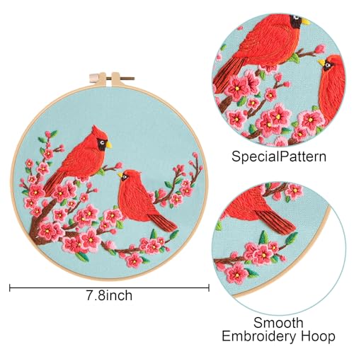 Nuberlic 3 Pack Embroidery Kit for Beginner Adults, Cross Stitch Set with Cardinal & Blue Bird Patterns, Includes Cloth, Hoops, Threads, Needles, Instructions
