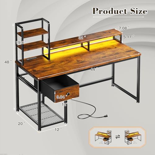 EnHomee 44 Inch Computer Desk with Hutch and Drawers,Reversible Home Office Desk with Monitor Shelf,Small Gaming Desks with USB Power Outlets,Writing Table for Office with LED Lights,Rustic Brown EnHomee