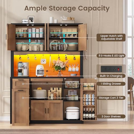 Itaar 71" Pantry Cabinet with Charging Station and LED Light, Kitchen Pantry Cabinet with Microwave Stand, 47.2" Wide Kitchen Storage Cabinets with Storage Cart 3 Tier for Dining Room (Brown) Itaar