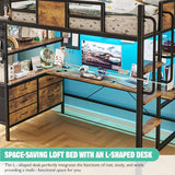 BYSAUD Loft Bed with Desk, Bunk Bed with Desk,Twin Loft Beds with L-Shaped Desk and Storage, loft Bed Twin Size with LED Lights & Charging Station, 5 Drawer&2 Pegboards, Safety Guard Ladder, Brown BYSAUD