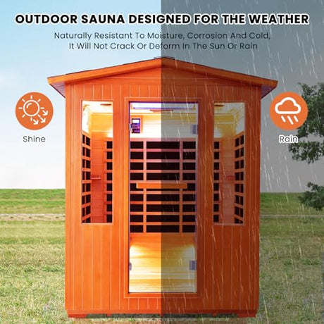 Outdoor Sauna 4 Person Infrared Saunas Outdoor Dry Sauna Room Wood Wooden Sauna Canadian Fir Red Cedar Low EMF 2600W/240V with Oxygen Bar, 7 Color Light, Control Panel, Speaker - 62.2" x 46.9" x 81.9" HOSAUNA