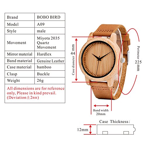 BOBO BIRD Men's Bamboo Wooden Watch with Brown Cowhide Leather Strap Japanese Quartz Movement Sports Casual Watches Gift with Box BOBO BIRD