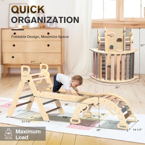 BlueWood Pikler Triangle Set 7in1 Foldable Baby Climbing Toys Wooden Montessori Climbing Set with Arch&Ramp&Ladder Baby Climber Indoor Jungle Gyms for Toddlers Montessori Toys - Mauve Pink BlueWood