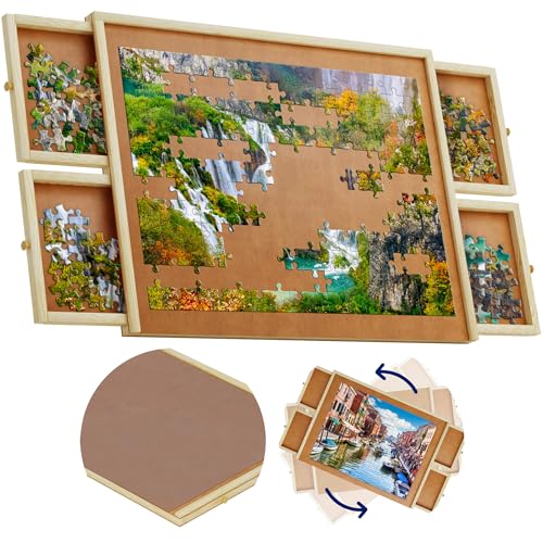 1500 Piece Wooden Jigsaw Puzzle Table - 4 Drawers, Rotating Puzzle Board | 35” X 28” Jigsaw Puzzle Board | Puzzle Cover Included - Portable Puzzle Tables for Adults and Kids by Beyond Innoven - WoodArtSupply