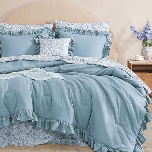 BLOOMHAVEN Full Comforter Set - 7 Pieces Ruffle Blue Bedding Sets, Shabby Chic Farmhouse Bed in a Bag Full with Ruffle Comforter, Floral Sheets, Pillowcases & Shams BLOOMHAVEN