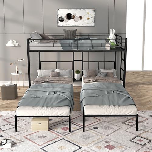 Ball & Cast L-Shaped Triple Bunk Bed, Space Saving Corner Metal Bed Frame with Squeak-Free Wood Slats,3 Twin Bunk Beds w/Full-Length Guardrails & Ladder,No Box Spring Needed,for Kids/Teens,Black Ball & Cast