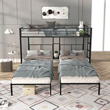 Ball & Cast L-Shaped Triple Bunk Bed, Space Saving Corner Metal Bed Frame with Squeak-Free Wood Slats,3 Twin Bunk Beds w/Full-Length Guardrails & Ladder,No Box Spring Needed,for Kids/Teens,Black Ball & Cast