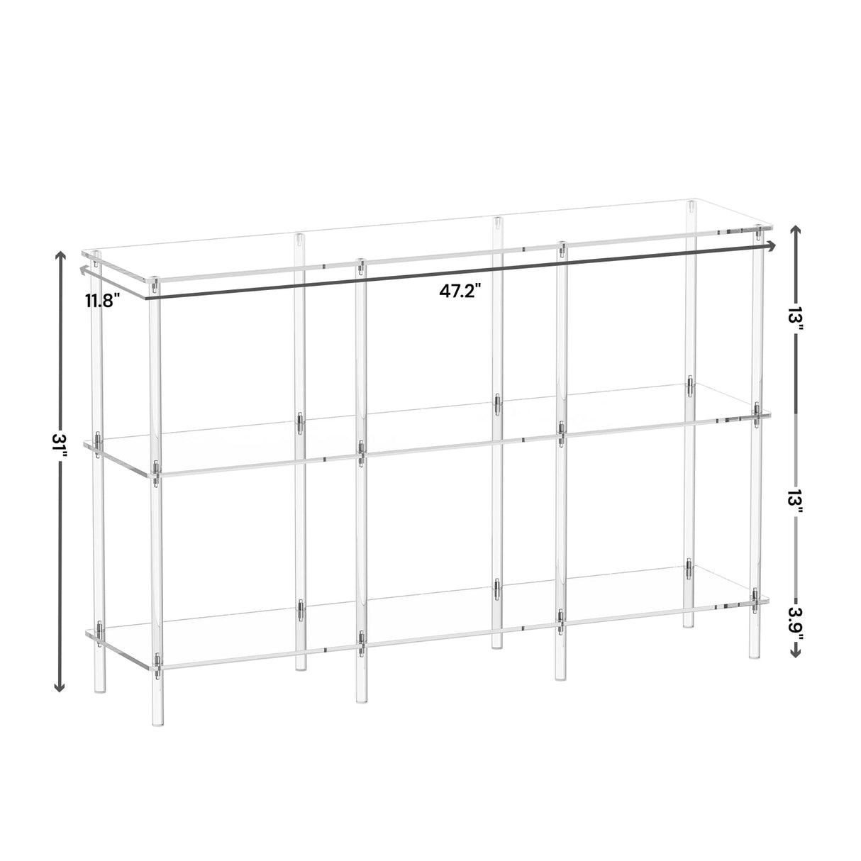 CRTERICX Acrylic Horizontal Bookshelf, 11.8" D x 47.2" W x 31" H, 3-Tier Clear Low Book Shelf with Large Storage, Multipurpose Bookcase for Living Room, Bathroom, Office, Easy Assembly CRTERICX