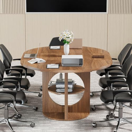 Xyulmeo Extendable Round Conference Table for 4-6, 43-59 Inch Oval Meeting Room Table with Storage, Wood Walnut Circle Table with Leaf, Space Saving, for Office, Conference Room, Boardroom, Seminar Xyulmeo